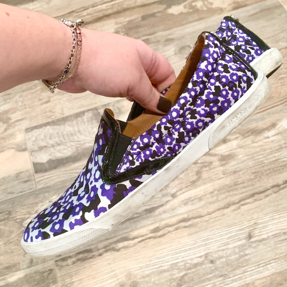 Jimmy Choo Demi Violet Floral Printed Jacquard Slip On Sneakers - Picture 14 of 14